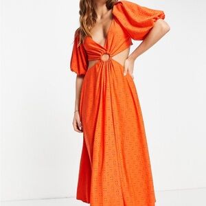 ASOS DESIGN broderie cut out midi dress in red